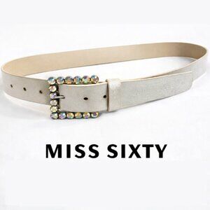 Miss Sixty White Leather Belt Iridescent Crystal Buckle Y2K Glam Size Medium